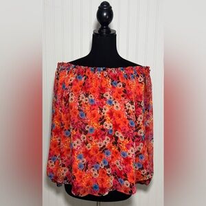 INC International Concepts Off The Shoulder Blouse Orange Floral Womens Medium